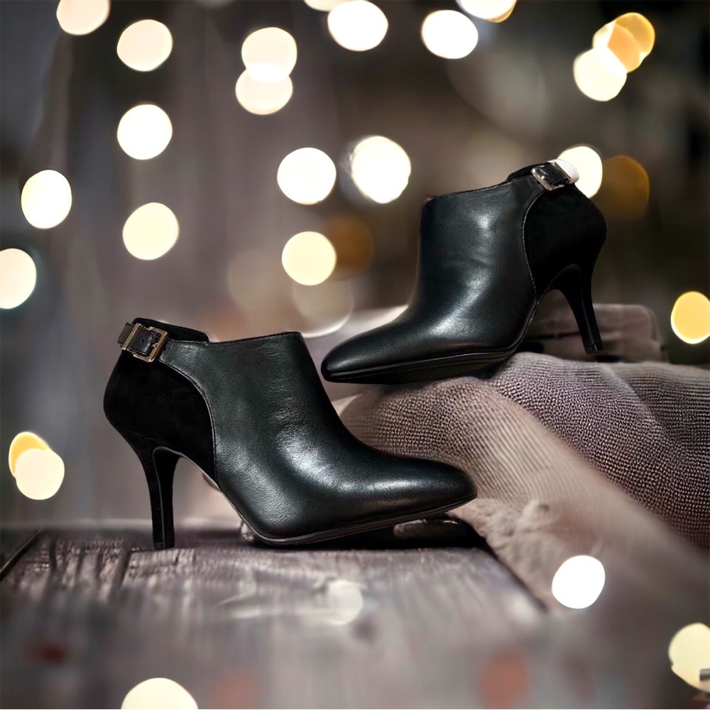 Essex Lane Jasmine Black Heeled Booties Zipper & Buckle Accents NIB
